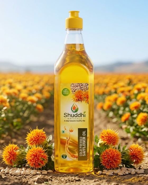 Shuddhi Naturals cold-pressed safflower oil bottle